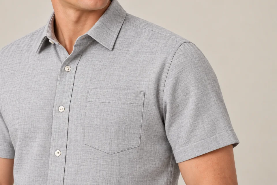 Détail de la poche et du boutonnage d’une chemise grise