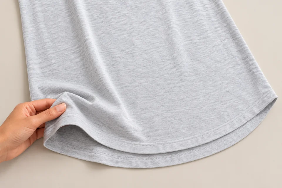 Détail du jersey et de l’ourlet d’un T-shirt long gris