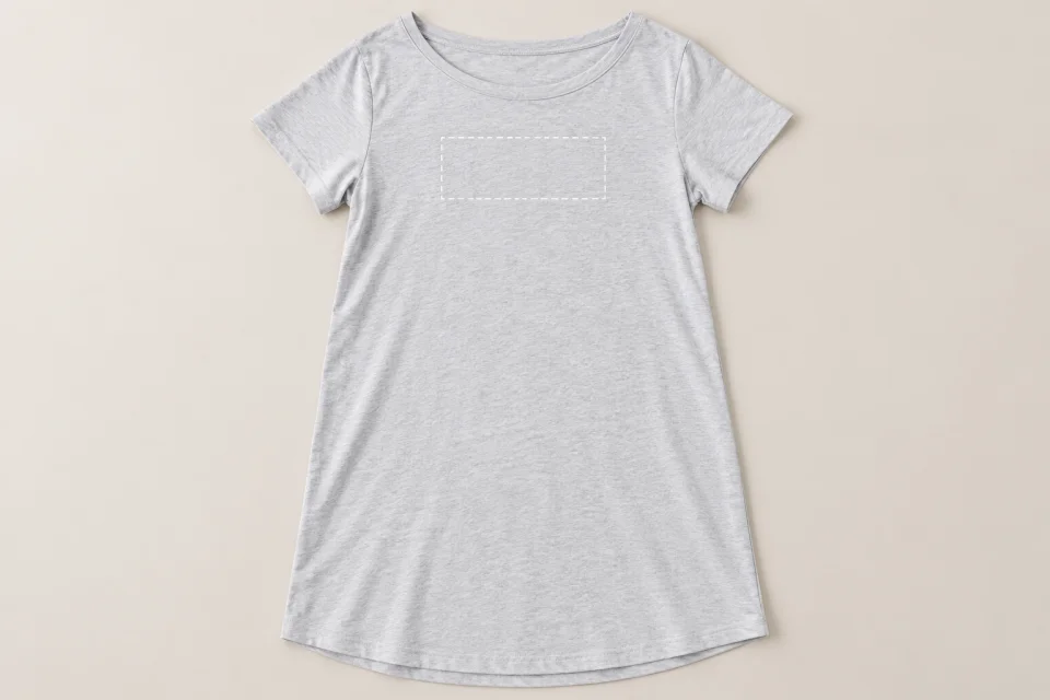 T-shirt long gris à plat avec indication de la zone poitrine
