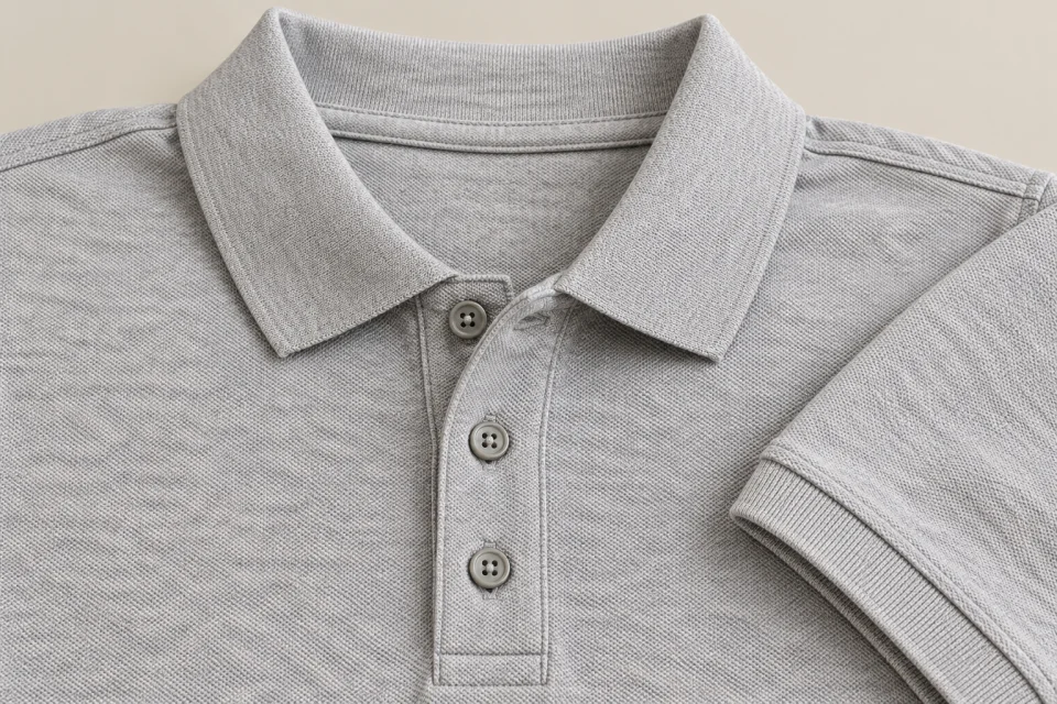 Détail du col et de la patte de boutonnage d’un polo gris