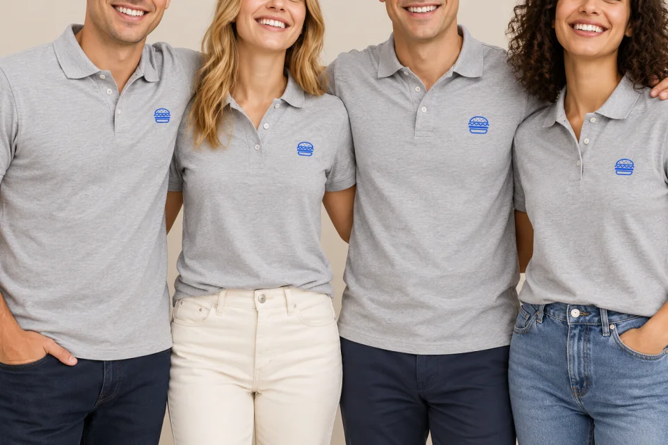 Équipe en polos gris de différentes coupes