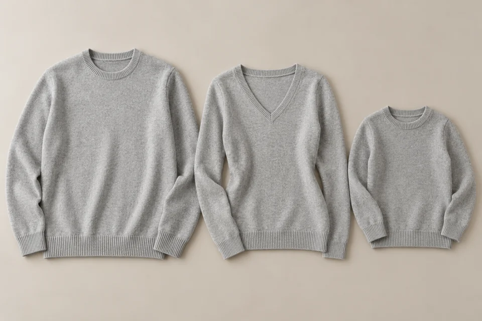 Pulls gris posés à plat, de coupes et proportions différentes