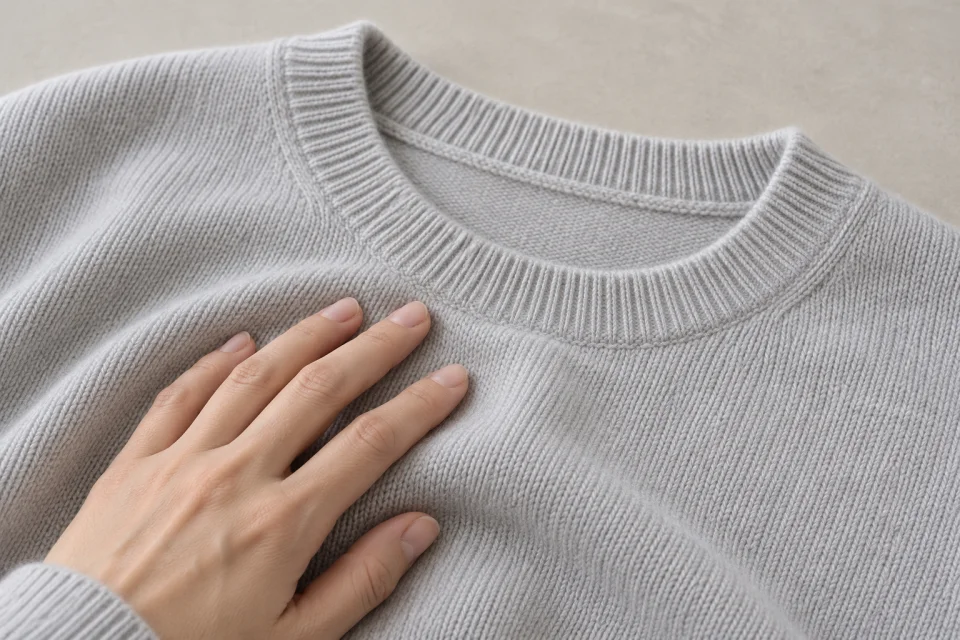 Une main effleure un pull gris près de son col