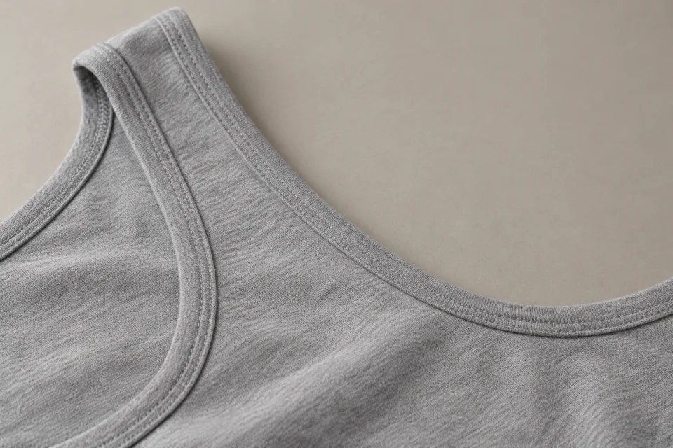 Détail de l’emmanchure d’un débardeur gris chiné