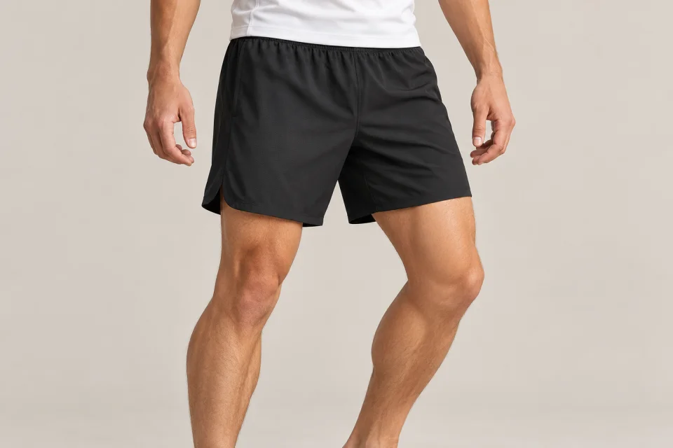 Short de sport noir porté, avec fentes latérales