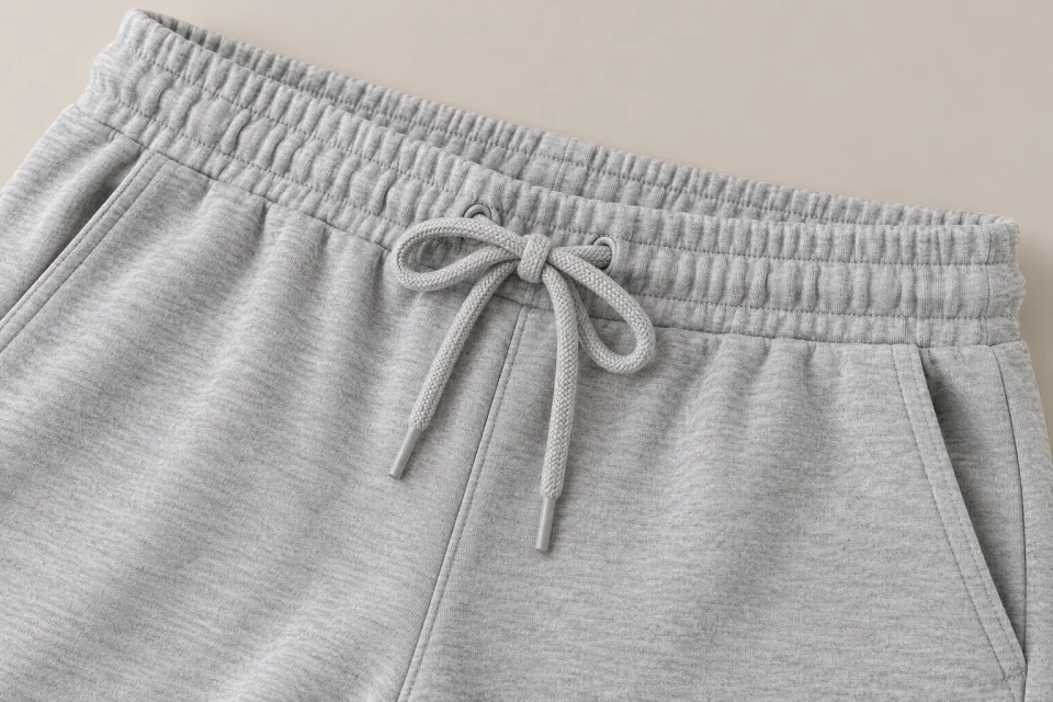 Détail de l’élastique, du cordon et de la poche d’un pantalon gris