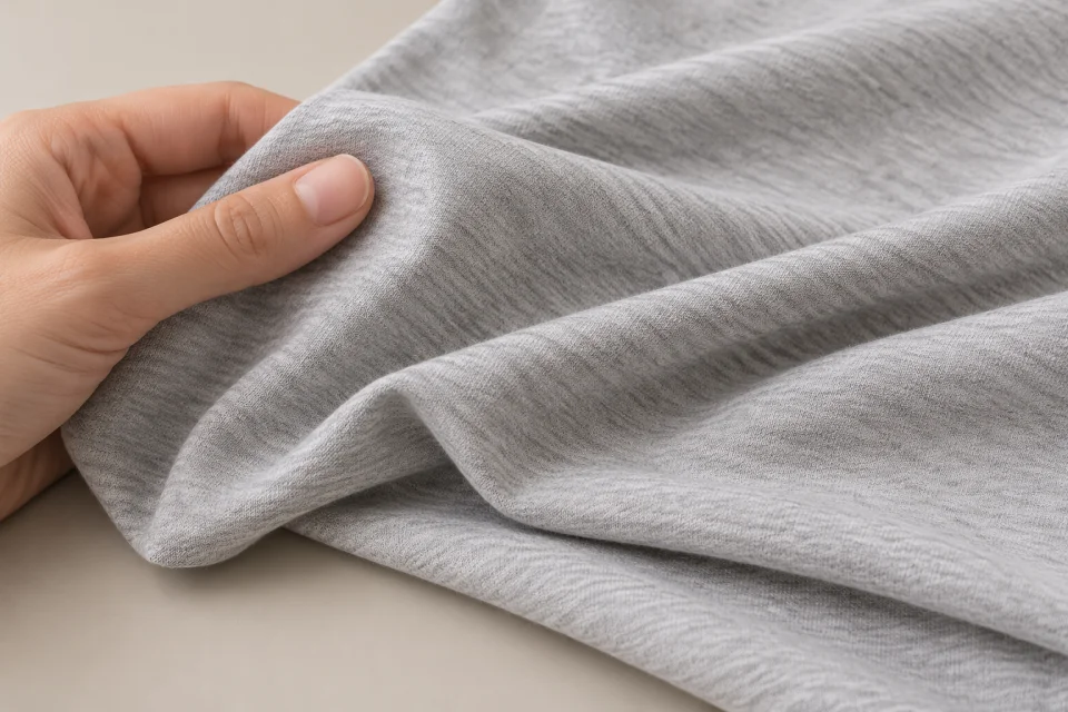 Une main effleure le tissu gris doux d’un sous-vêtement