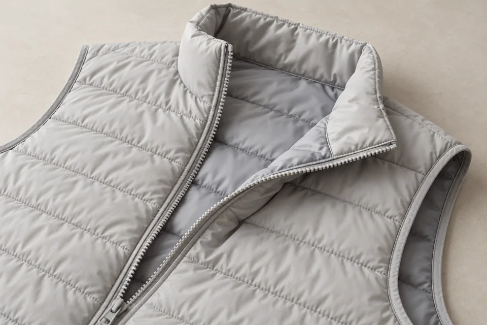 Détail de l’extérieur, du rembourrage et de la doublure d’un gilet gris