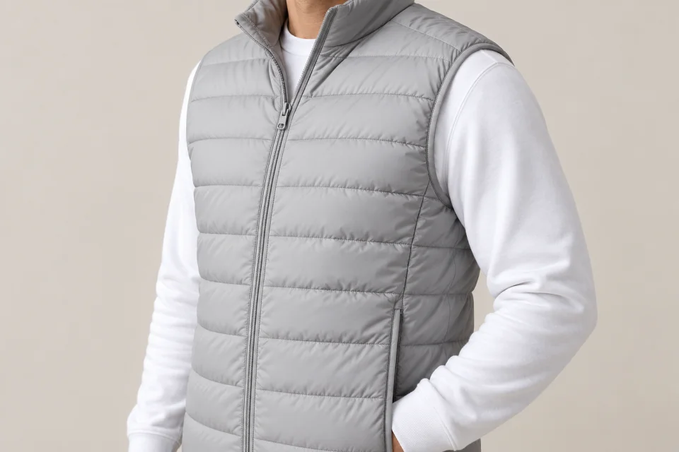 Emmanchure d’un gilet matelassé gris porté sur un sweat blanc