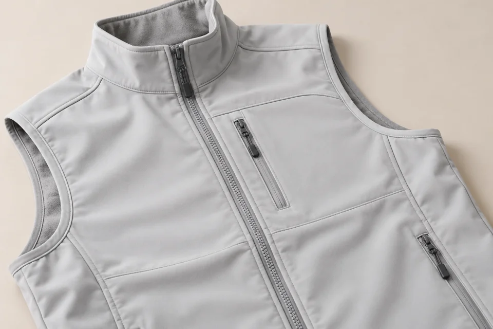 Zip, poche et panneau poitrine d’un gilet softshell gris