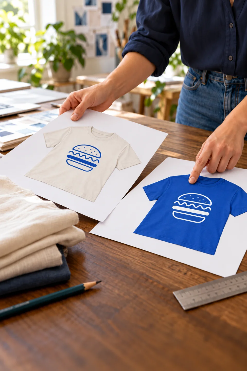 Contrôle de deux bons à tirer sur papier : vêtement écru avec logo bleu et vêtement bleu avec logo blanc