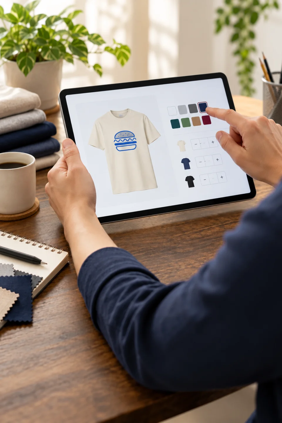 Devis sur tablette avec un T-shirt écru et un logo bleu