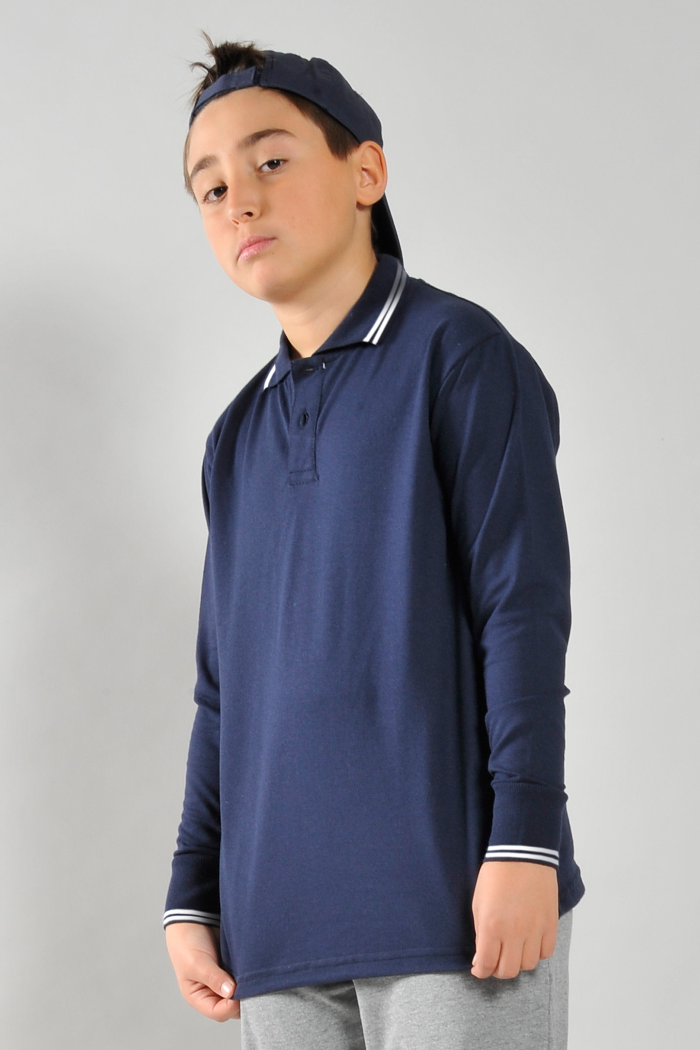 Polo à manches longues en piqué bordé pour enfants - Bleu/Blanc XS