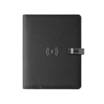 CLASSEUR EMERGE A5. Classeur A5 en polyester recyclé 300D (100 % rPET) avec chargement sans fil. - 103 - Noir