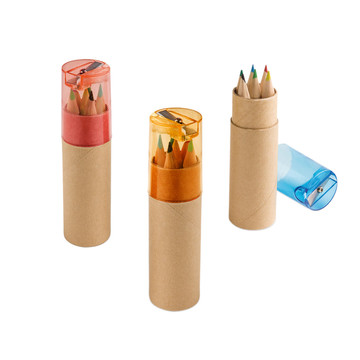 ROLS. Coffret de 6 crayons de couleur avec taille-crayon dans un étui cylindrique.