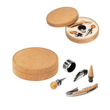 MORETO. Coffret à vin avec 4 ustensiles en bois et en métal.