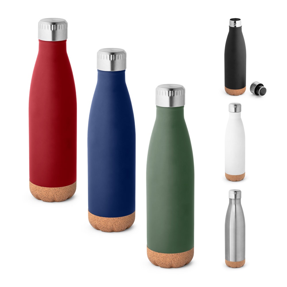 SOLBERG. Bouteille isotherme en acier inoxydable avec base en liège, 560 ml.