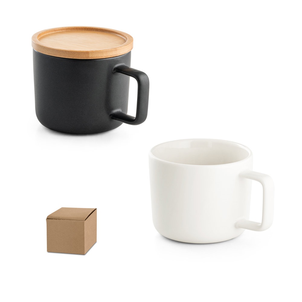 FANGIO. Mug en céramique de 220 ml avec couvercle et base en bambou.