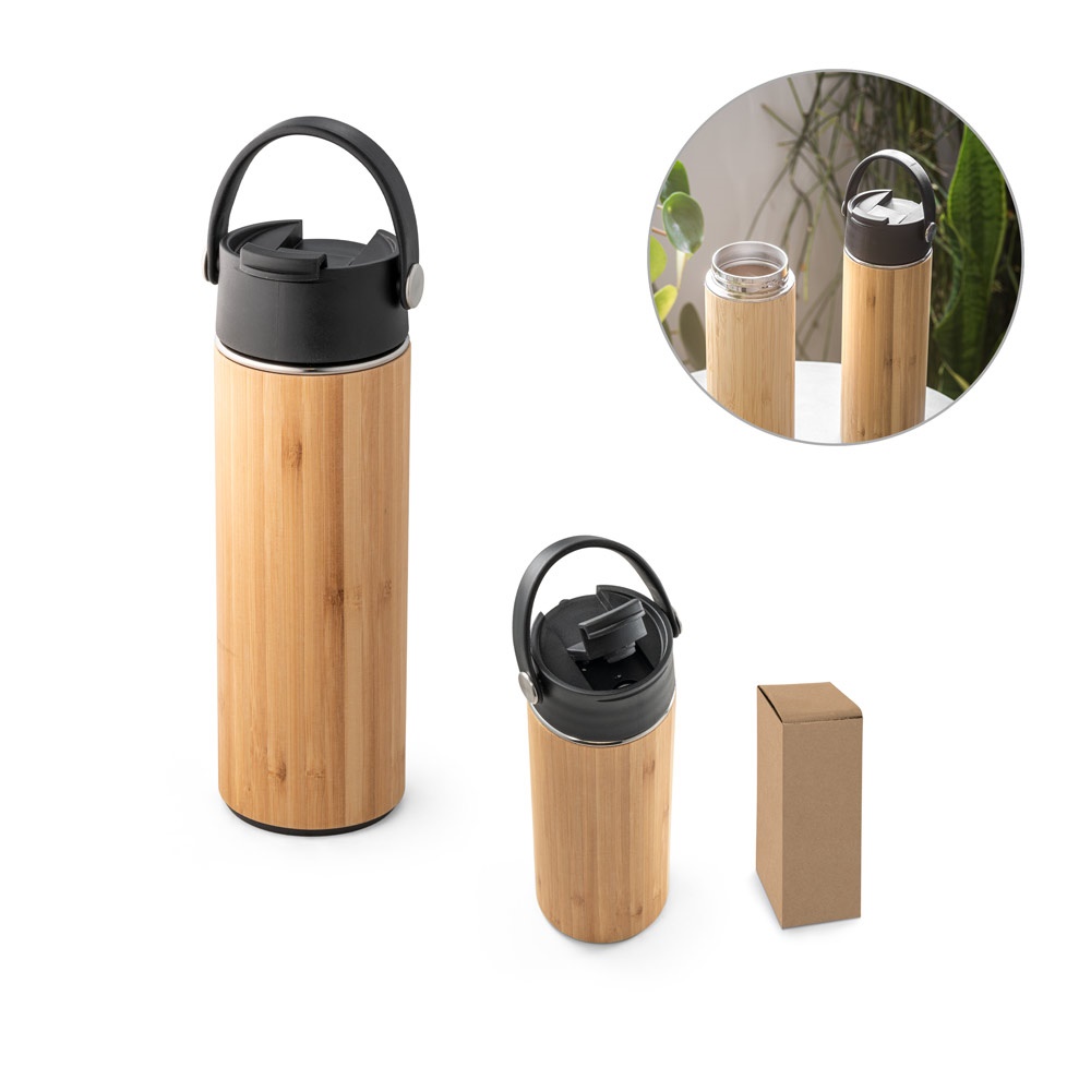 LAVER. Bouteille isotherme de 440 mL en bambou, PP et acier inoxydable.