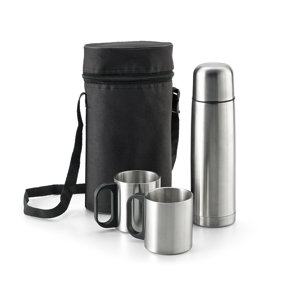 DURANT. Ensemble comprenant un thermos et des tasses en acier inoxydable.