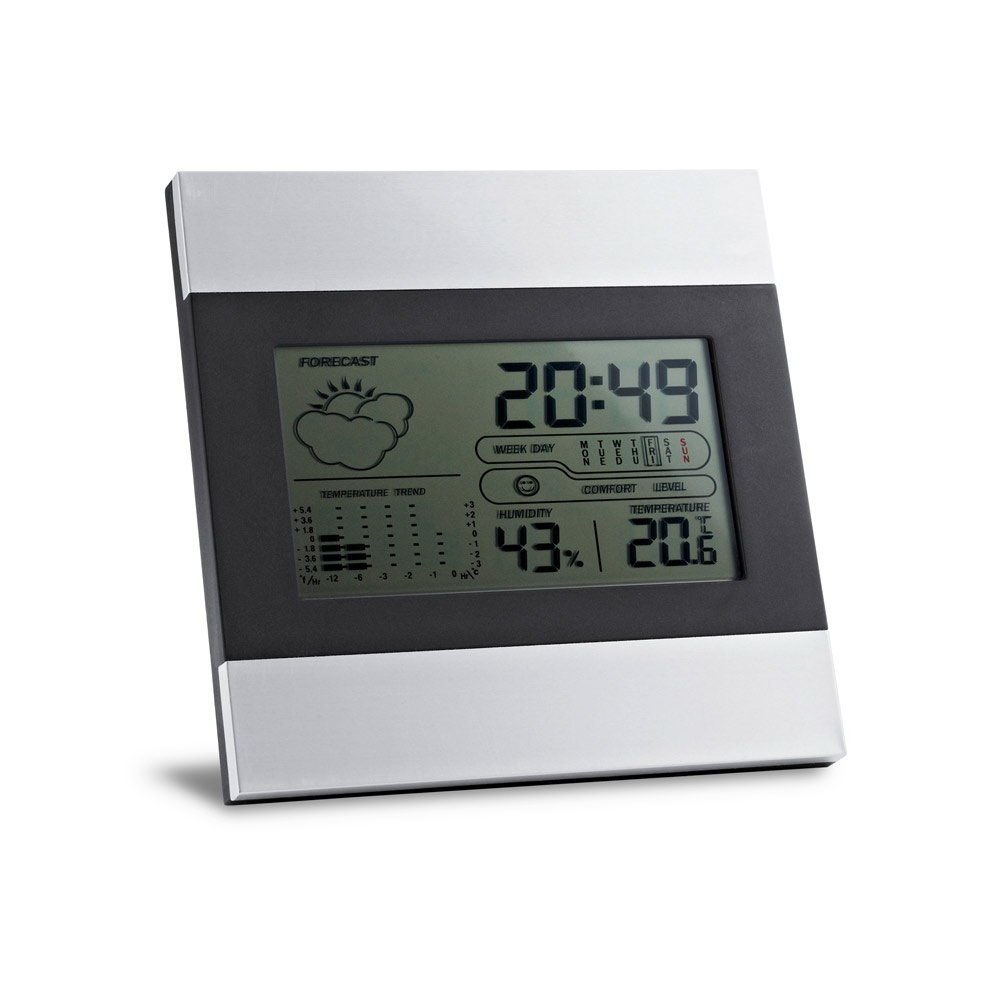 DENE. Station météo de table avec écran LCD en aluminium et ABS.