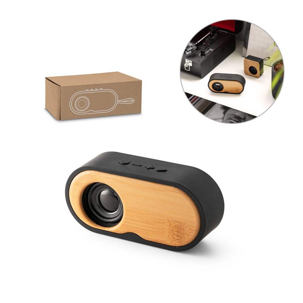 TILLY. Enceinte portable 3W avec une autonomie de 5 heures, fabriquée en bambou et en ABS recyclé (100% rABS).