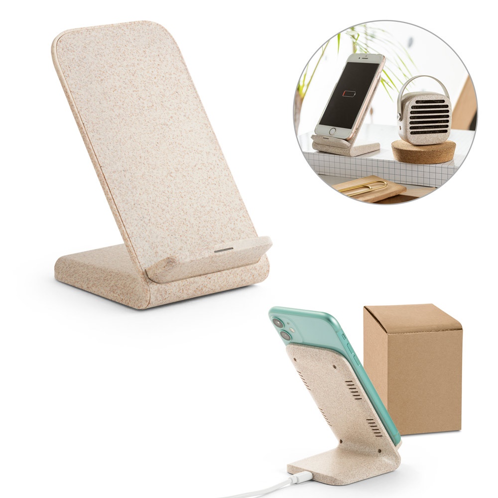 ENGLERT. Support pour smartphone avec chargeur sans fil rapide 10W en ABS recyclé (100% rABS) et fibres de paille.