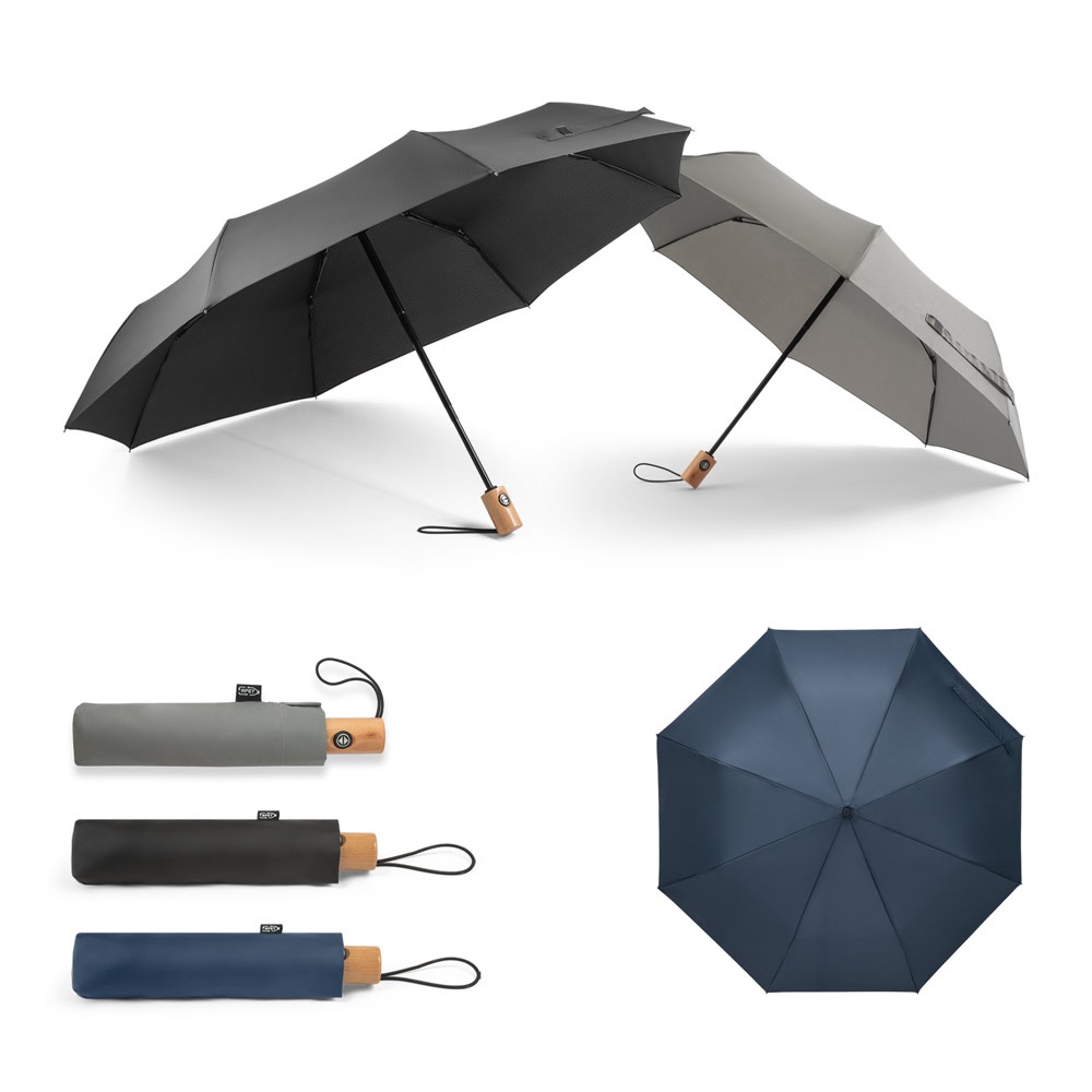 RIVER. Parapluie pliant en pongé de polyester recyclé 190T (100 % rPET) avec ouverture et fermeture automatiques.
