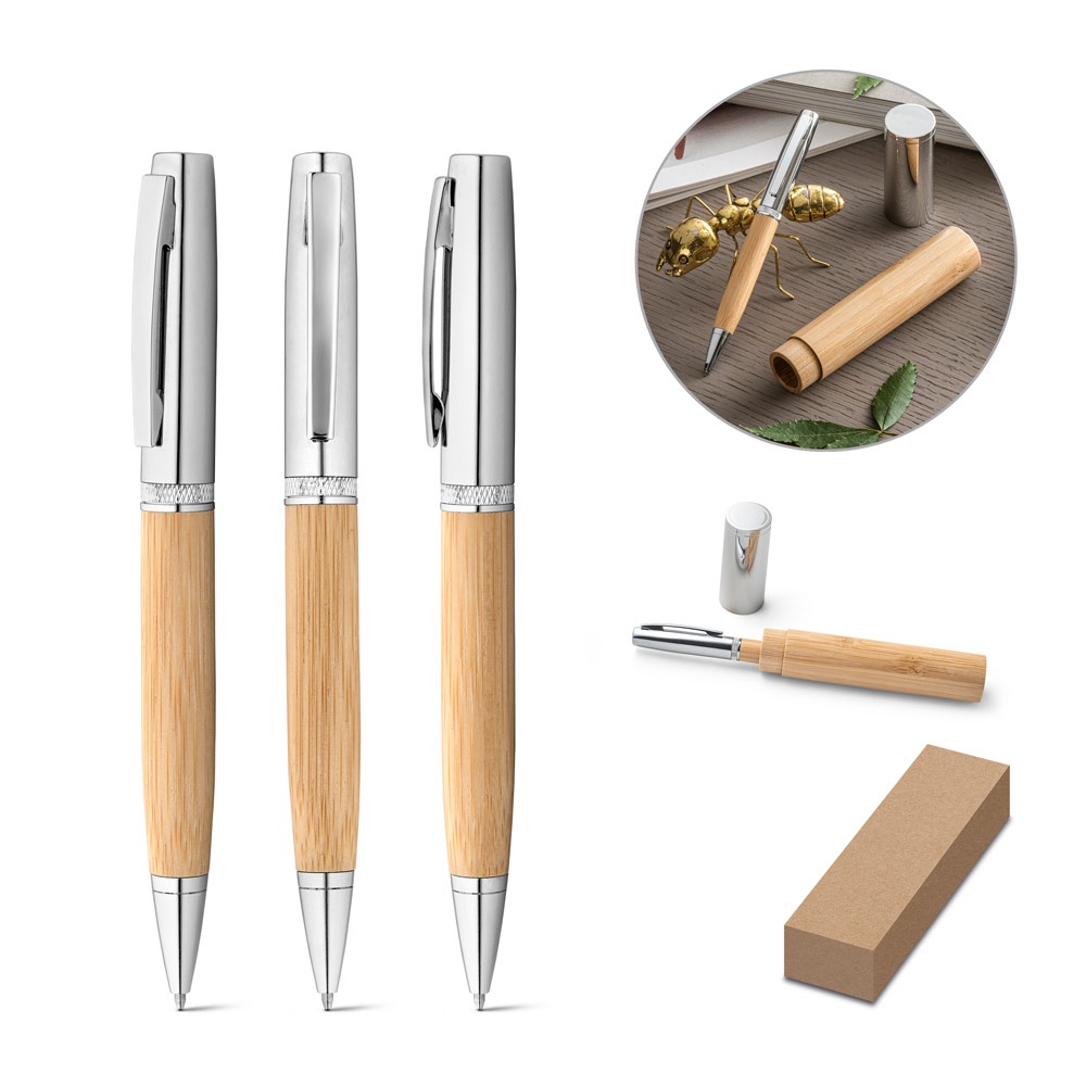 FUJI. Stylo à bille en métal et bambou avec étui.