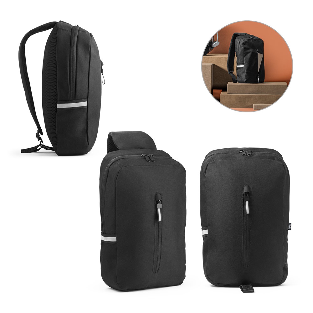 DELFOS. Sac à dos à une épaule en polyester recyclé 300D et 600D, avec doublure en polyester recyclé 210D.