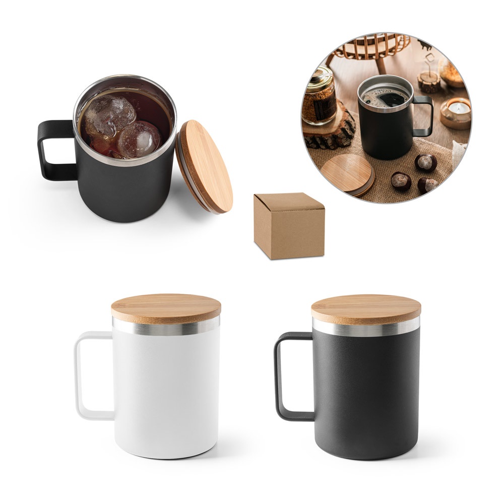 LAUDA. Mug en acier inoxydable 90 % recyclé avec couvercle en bambou, 420 ml