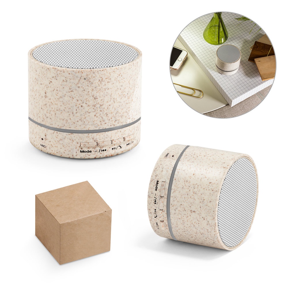 RE-LINEU. Enceinte portable 3W avec 4,5 heures d'autonomie, fabriquée à partir de fibres de paille et d'ABS recyclé (100% rABS).