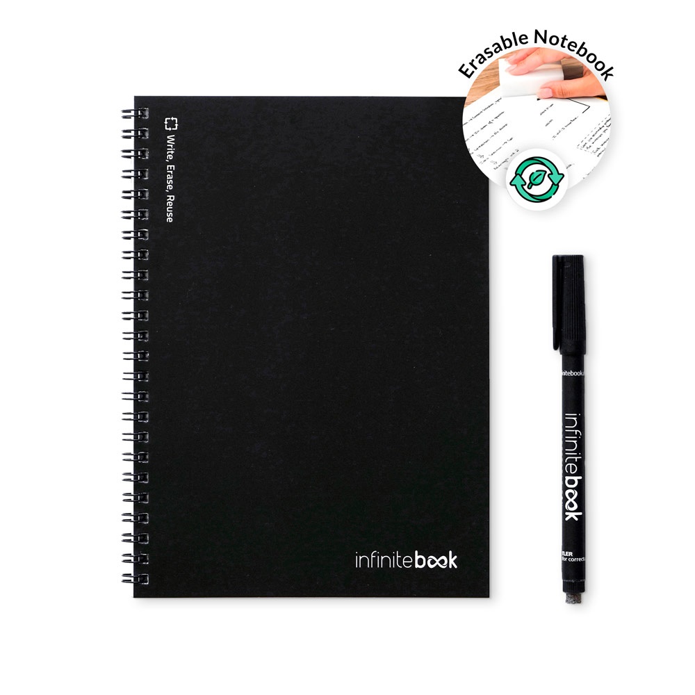 Cahier Infinitebook ligné A5. Cahier Infinitebook avec couverture souple et 15 pages blanches de type tableau blanc.