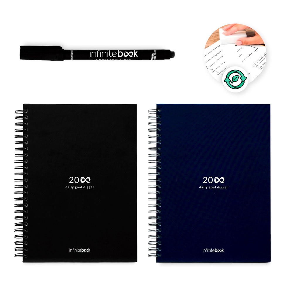 Kit de démarrage pour agenda infini A5. Ce kit comprend un agenda infini, un kit de nettoyage, un marqueur et un porte-marqueur.