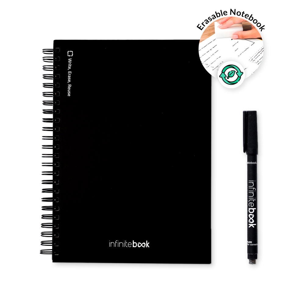 Kit de démarrage INFINITEBOOK A5. Ce kit comprend un « Infinitebook », un kit de nettoyage, un marqueur et un porte-marqueur.