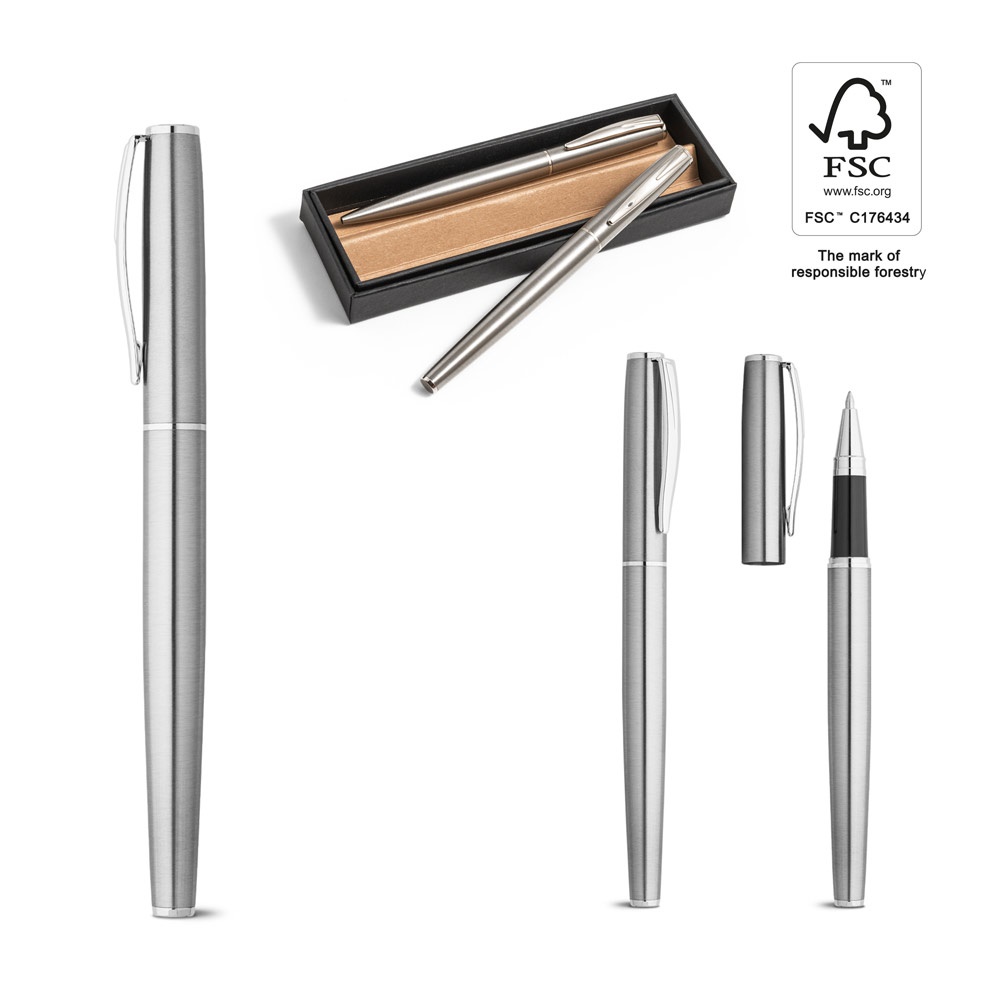 ELLA. Ensemble stylo roller et stylo à bille avec corps en acier inoxydable (53 % rSS) et clip.