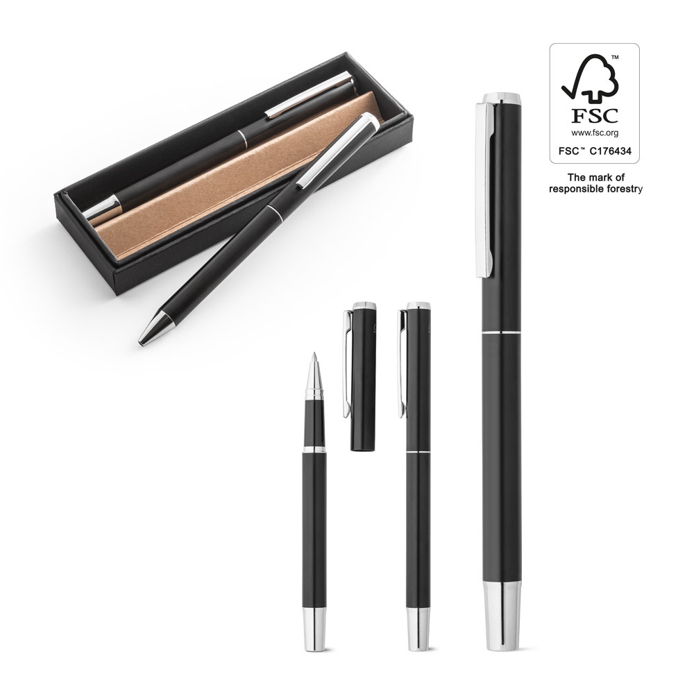 LEAH. Ensemble stylo roller et stylo bille composés respectivement à 94 % et 94 % d'aluminium, avec clip.