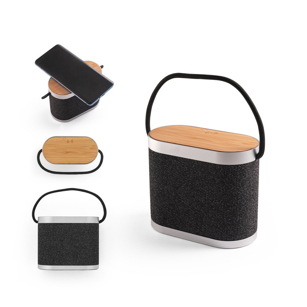 GUETTA. Enceinte portable 5W avec charge sans fil ultra-rapide 15W et autonomie de 2 heures, fabriquée en bambou et PET recyclé (100% rPET).