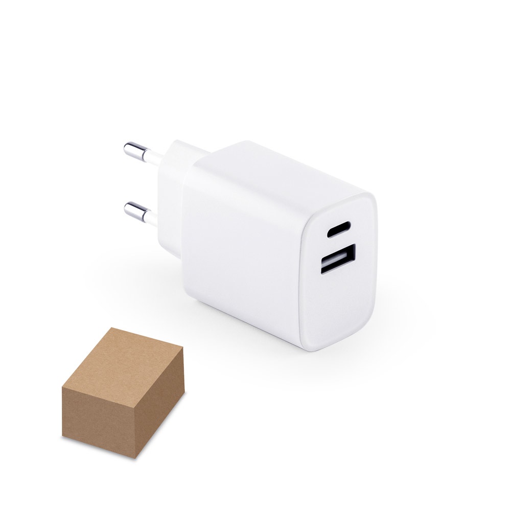 WEGENER. Adaptateur secteur avec port USB-A 18 W et port USB-C 20 W en ABS recyclé (100 % rABS).