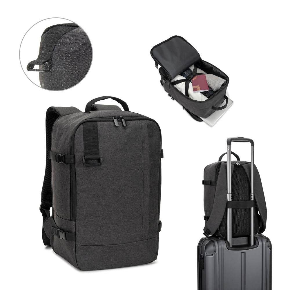 Sac à dos CIES en polyester recyclé 600D haute densité. Conçu pour répondre aux exigences de taille des compagnies aériennes.