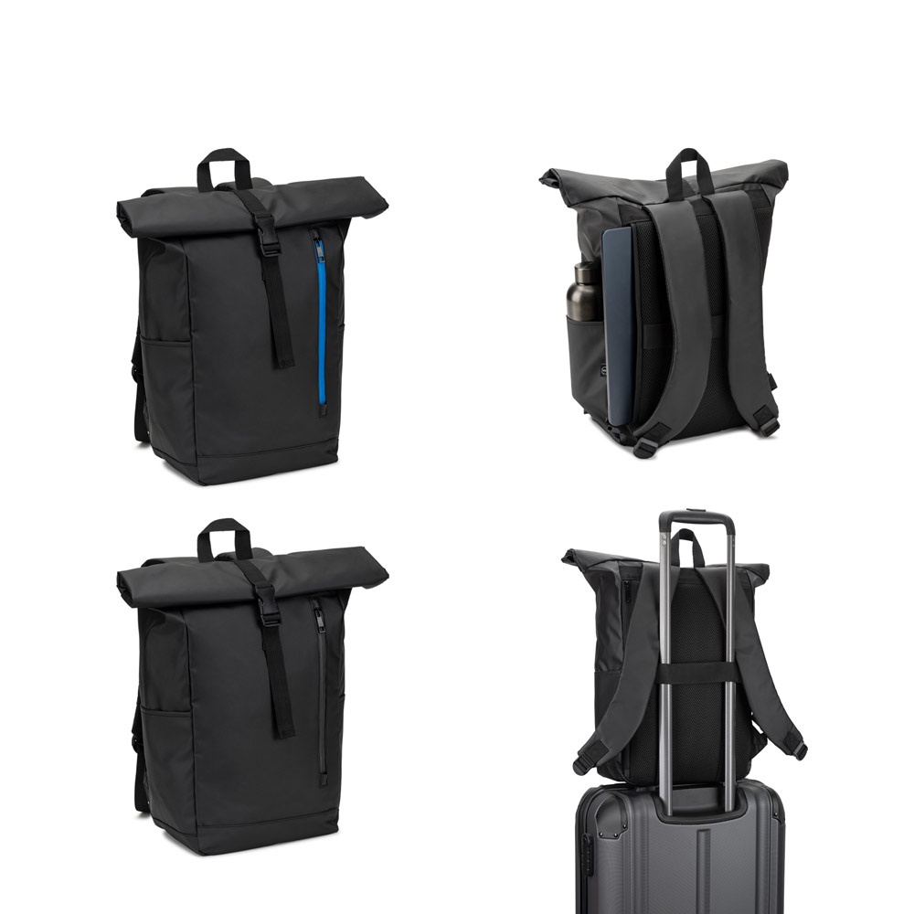 OSASCO BPACK. Sac à dos avec système de fermeture à enroulement et à fermeture éclair permettant d'enrouler le haut pour ajuster le volume du sac à dos, fabriqué en polyester recyclé 600D.