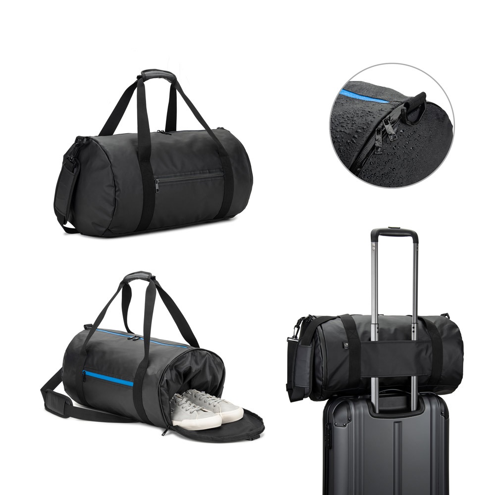 OSASCO SPORT. Sac de sport cylindrique en polyester recyclé 600D haute densité avec compartiment latéral pour chaussures.