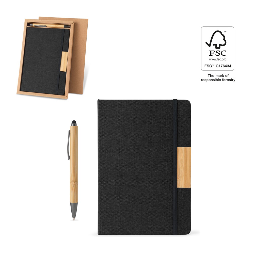 HOMERO. Ensemble comprenant un carnet A5 à couverture rigide et un stylo à bille en bambou.