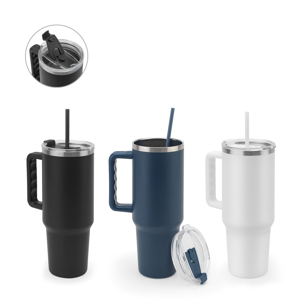 JOYNER XL. Grande tasse de voyage en acier inoxydable (91 % recyclé) avec isolation sous vide à double paroi et finition mate, 1300 ml.