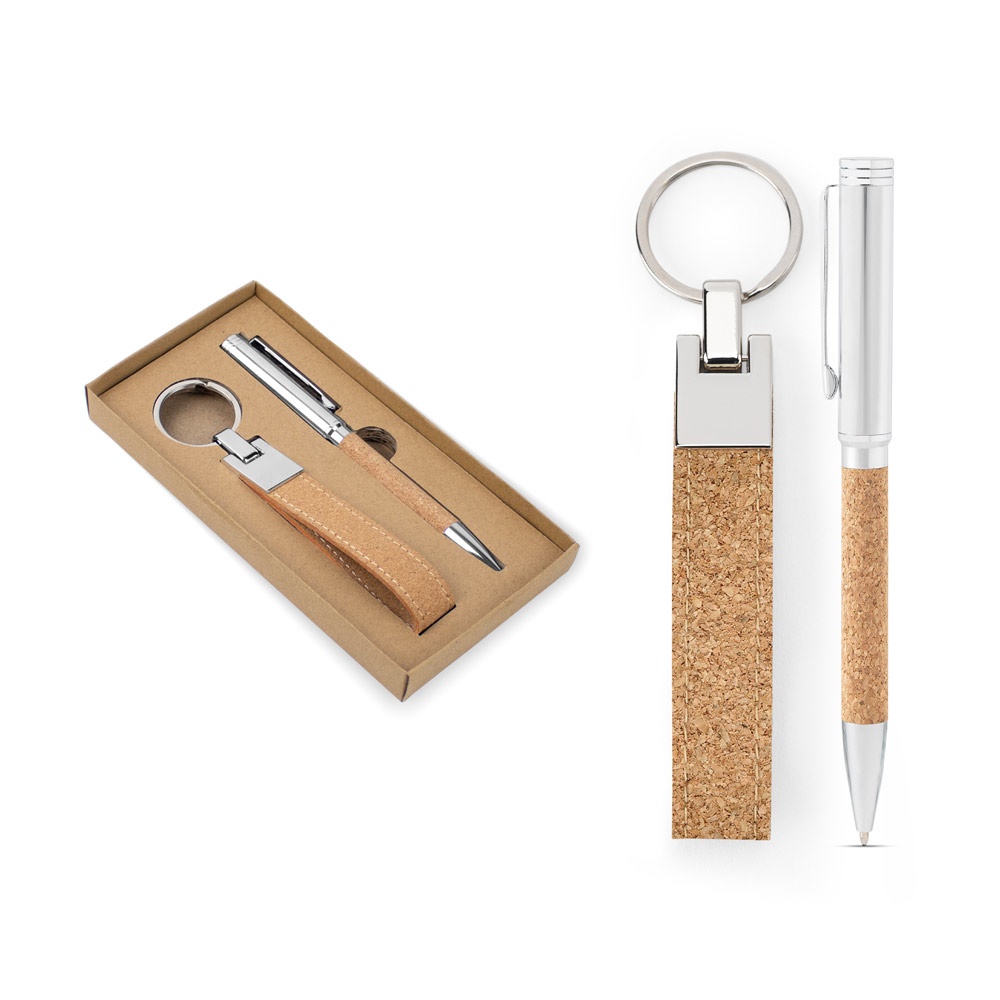 EVANS. Coffret comprenant un stylo à bille et un porte-clés, tous deux en métal et liège.