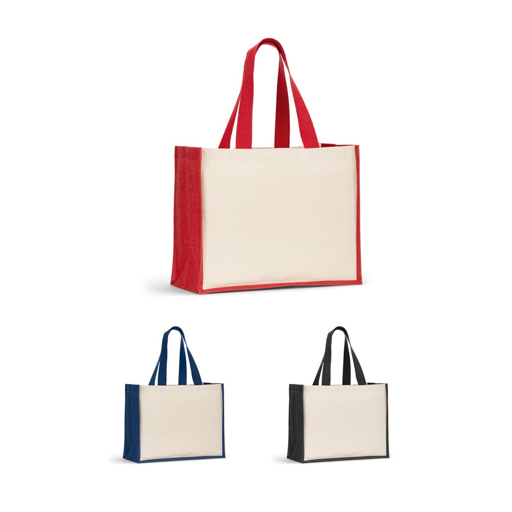 HELSINQUE COLOUR. Sac en toile (320 g/m²), avec fond et côtés en jute laminé coloré (350 g/m²).