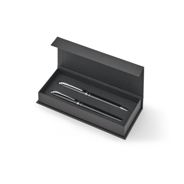 SARAMAGO. Coffret haut de gamme composé d'un stylo à bille et d'un stylo roller en cuivre et acier inoxydable, à encre bleue. - 103 - Noir