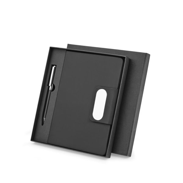 GARRETT. Coffret composé d'un stylo à bille et d'un bloc-notes, en polyuréthane et acier inoxydable. - 103 - Noir