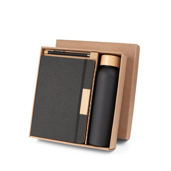 SCLIAR. Ensemble composé de 1 stylo à bille, 1 bloc-notes et 1 bouteille d'eau, fabriqués à partir de PET recyclé, d'aluminium recyclé et de bambou. - 103 - Noir