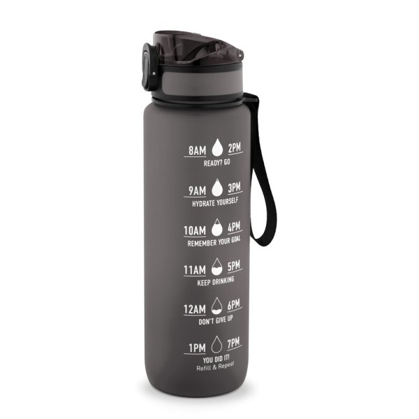ERIKSSON. Bouteille d'eau en PET recyclé (100 % rPET), avec des phrases motivantes et des repères temporels pour encourager la consommation d'eau. - 103 - Noir